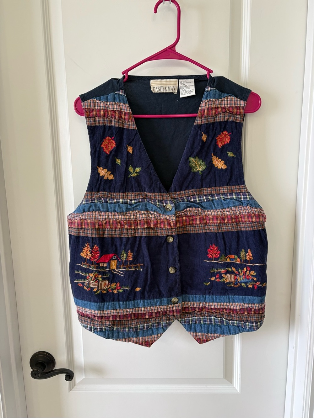 Vintage Casey & Max Navy XL Embroidered Cotton Vest Cottagecore Fall Leaves